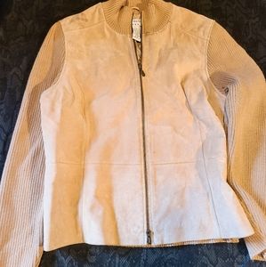 Camel Leather Sweater Zip Jacket